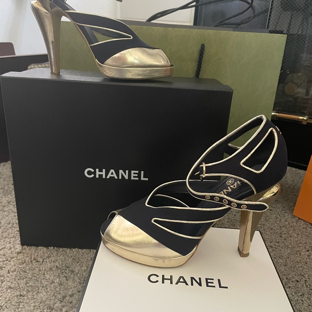"Navy Canvas Chanel Pumps with Gold Heel - Authentic Luxury on Poshmark" - Picture 11 of 11